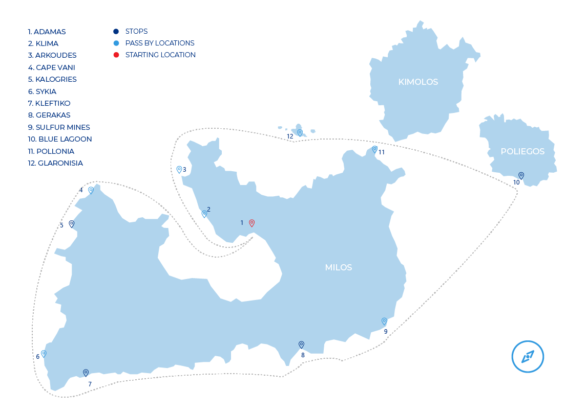 Map of Milos, Kimolos, and Poliegos islands with tour route and stops.