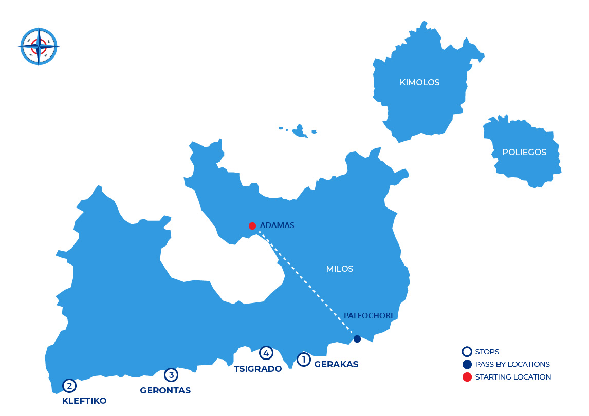 Map of Milos area with marked stops and routes including Adamas, Gerakas, Kleftiko, Tsigrado, and nearby islands.