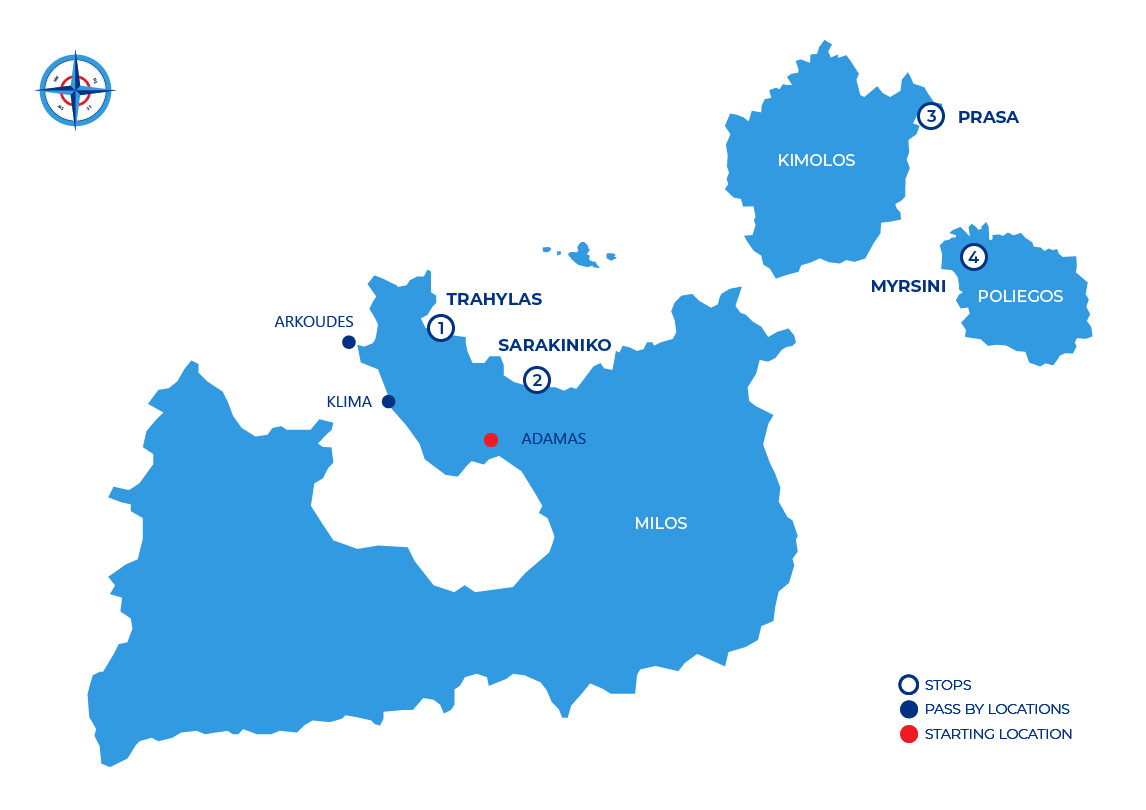 Map showing sailing route around Milos, Kimolos, and Poliegos with stops and pass-by locations.