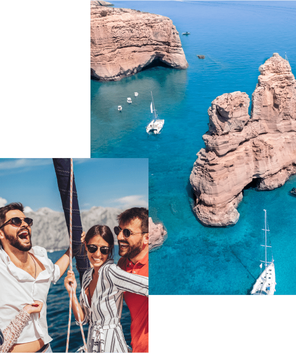 Group of friends sailing near rocky coast with turquoise sea and sailboats.