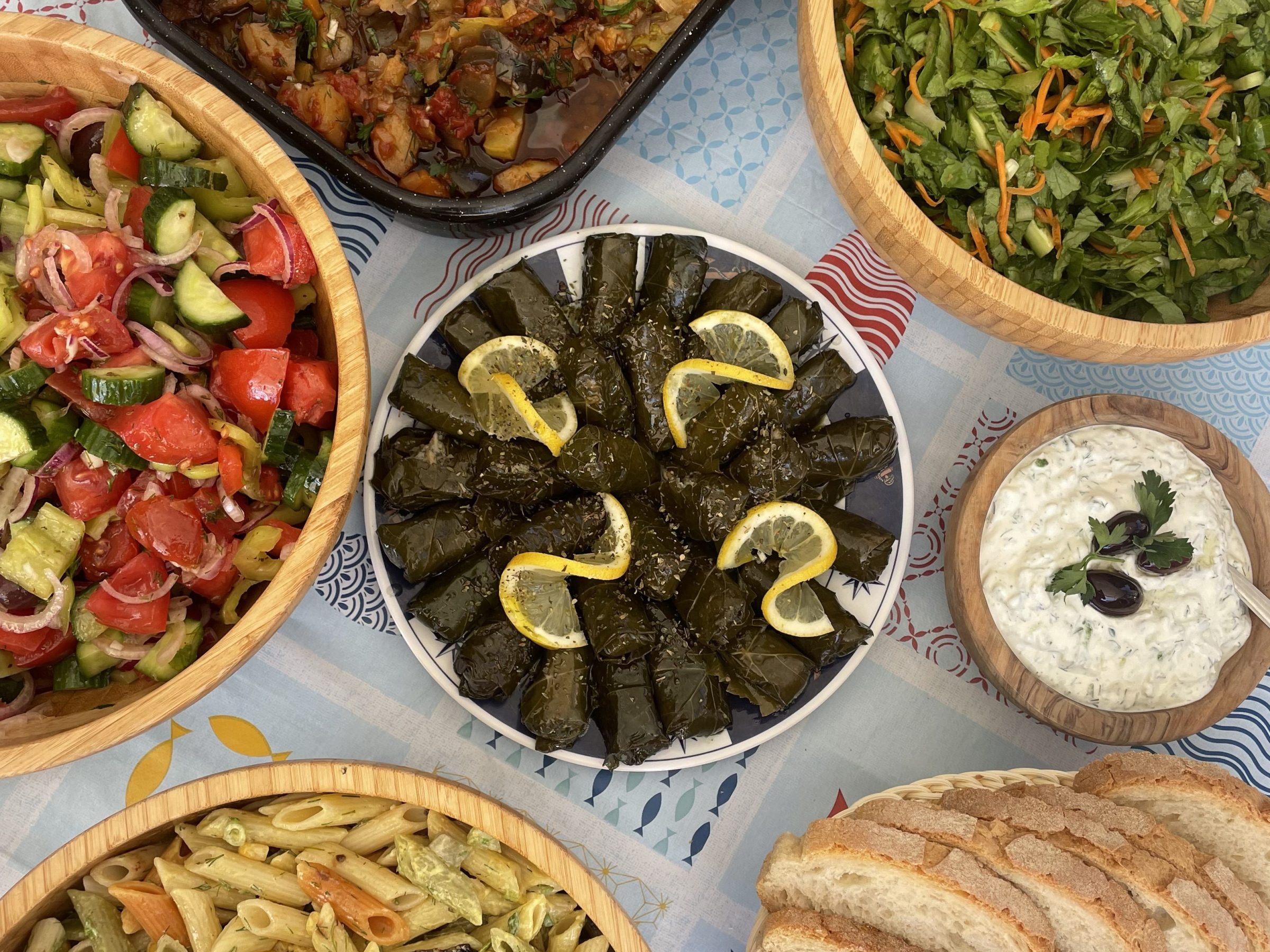 Assorted Mediterranean dishes including salads, vine leaves, and bread on a table.