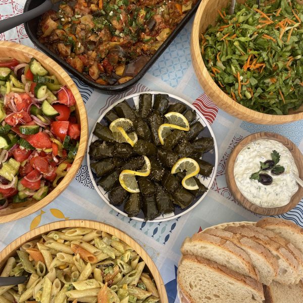 Assorted Mediterranean dishes including salads, vine leaves, and bread on a table.