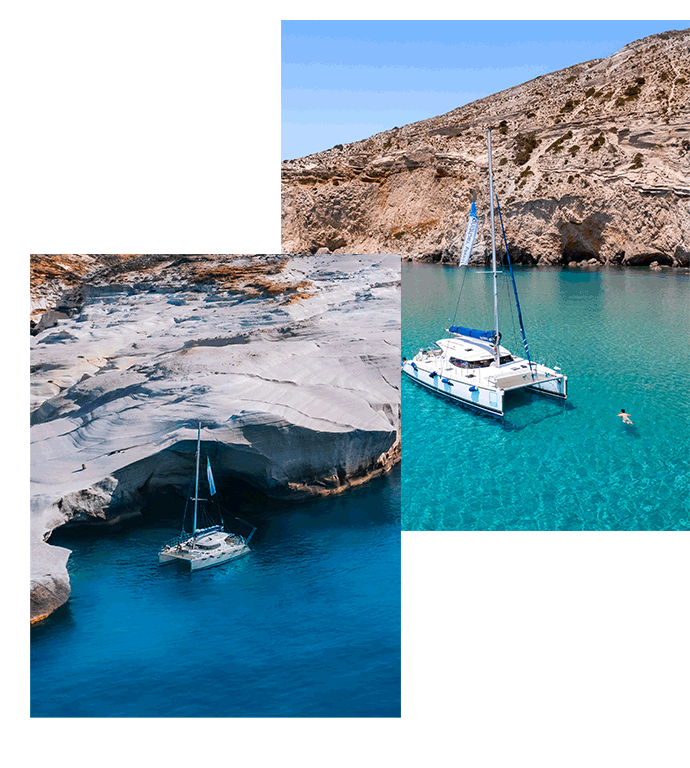 Two images of boats near rocky shores in clear blue waters.