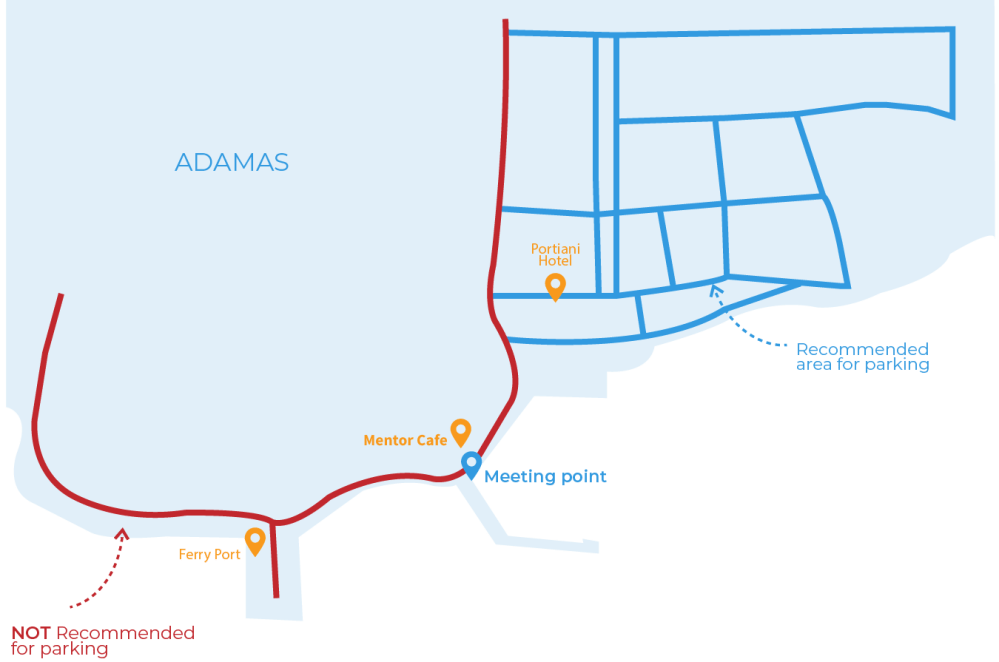 Map of Adamas showing ferry port, Mentor Cafe, Portiani Hotel, meeting point, and parking areas.