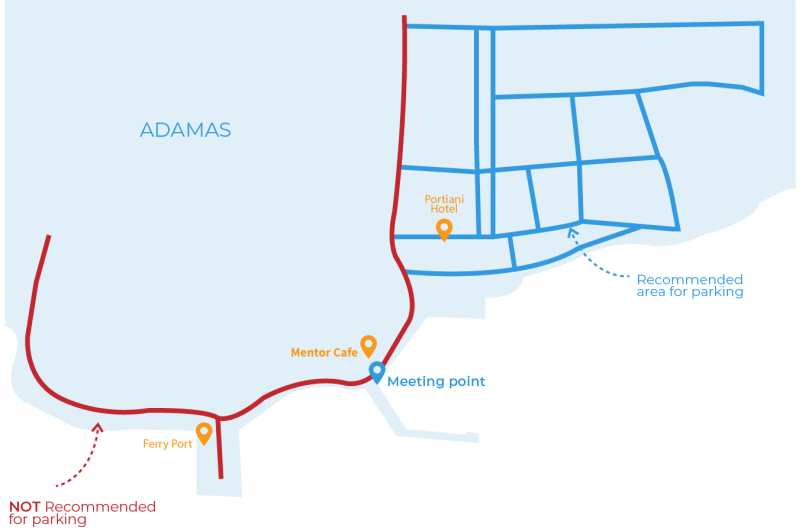 Map of Adamas showing ferry port, Mentor Cafe, Portiani Hotel, meeting point, and parking areas.