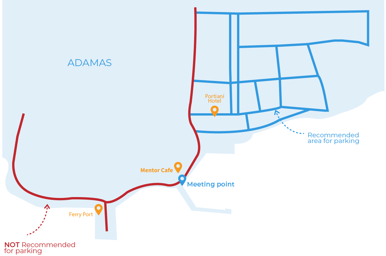 Map of Adamas showing ferry port, Mentor Cafe, Portiani Hotel, meeting point, and parking areas.