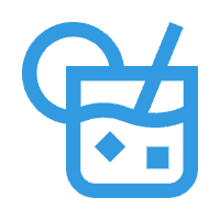 Blue icon of a cocktail with ice cubes, straw, and lemon slice