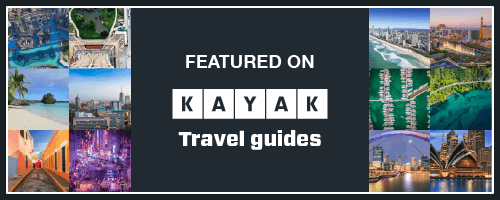 Collage of travel photos with text: 'Featured on KAYAK Travel guides' in center.